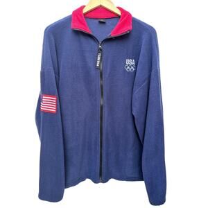 USA Olympic Fleece Jacket Mens XL Blue Red Full Zip Team USA Flag Patch